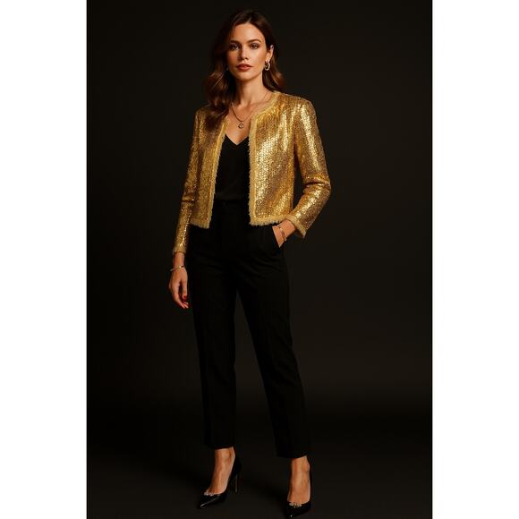 Vintage Alberto Makali 90s Y2K Gold Sequin Cocktail Jacket Linen Large Holiday - Picture 1 of 7